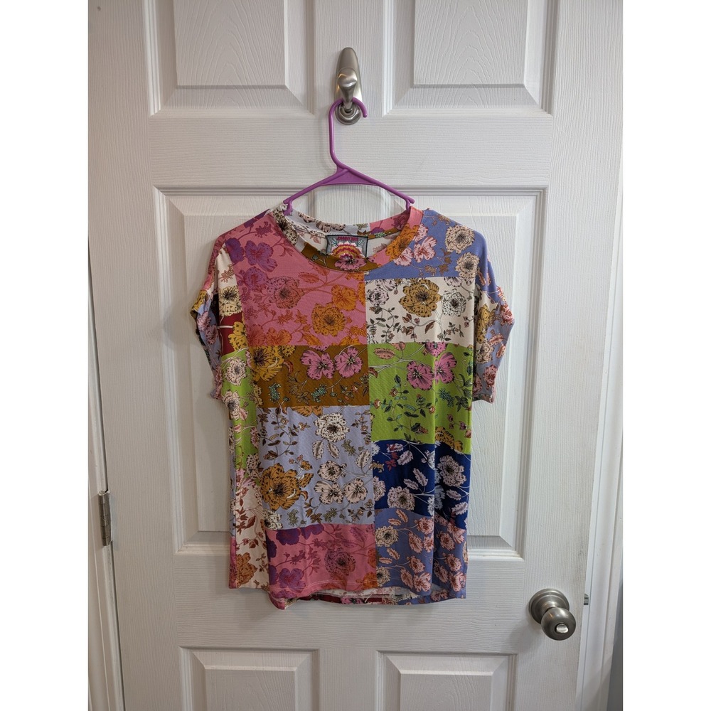 Johnny Was Cosmo Patchwork Floral Bamboo Viscose Top Crew Neck T-Shirt - Size XS